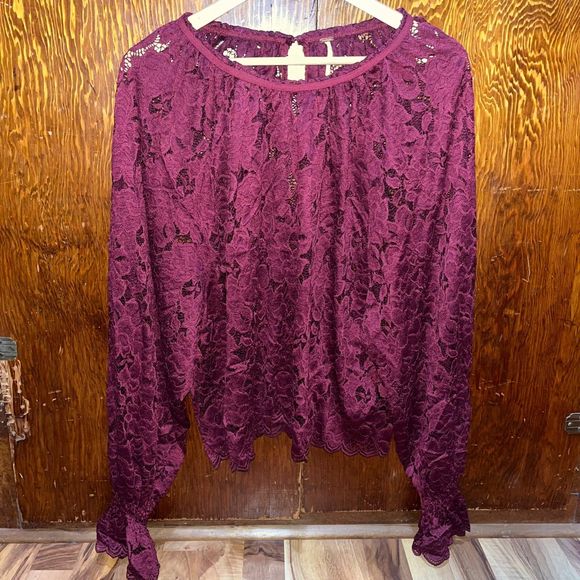 Free People Womens Olivia Blouse Wine Red Floral Long Sleeve Keyhole Lace Large - Picture 3 of 9